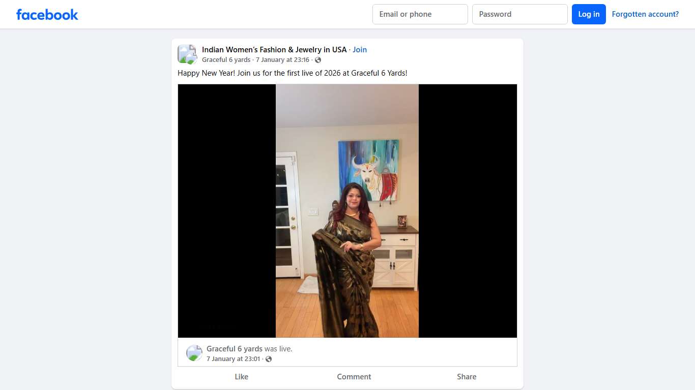 Indian Women’s Fashion & Jewelry in USA Happy New Year! Join us for the first live of 2026 at Graceful 6 Yards Facebook